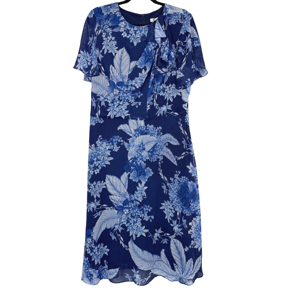 London Style Collection Blue Floral Midi Dress Size 14‎ Flutter Sleeve Chiffon